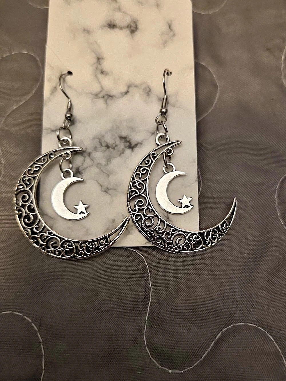 Crescent Moon and Star Filigree Earrings Silver